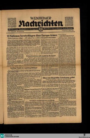 Weinheimer Nachrichten : Weinheimer Anzeiger ; Weinheimer Zeitung ; Weinheimer Morgen ; Amtsblatt der Stadt Weinheim
