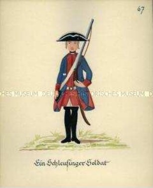 Uniformdarstellung, Infanterist, Kurfürstentum Sachsen, 1760/1761. Kopie der Originaltafel 67 aus Becher: Wahrhaftige Nachrichten.