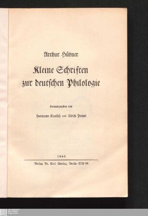 Kleine Schriften zur deutschen Philologie