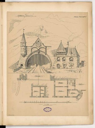 Tunneleinfahrt Monatskonkurrenz Februar 1896: Grundriss Erdgeschoss und Obergeschoss des Wärterhauses, Aufriss Vorderansicht 1:100; Maßstabsleiste
