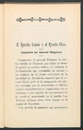El Ejército Grande y el Ejército Chico : (Anécdota del General Belgrano)