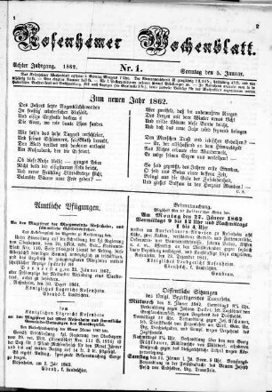 Rosenheimer Wochenblatt : Amtsblatt für das Königliche Bezirksamt Rosenheim und das Königliche Landgericht Rosenheim, Aibling und Prien. 1862 = Jg. 8