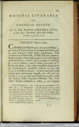 Notitia Literaria De Cornelio Nepote Ex Io. Alb. Fabricii Bibliotheca Latina A Io. Aug. Ernesti Auctius Edita Tom. I, Cap. VI