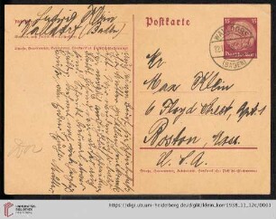 Korrespondenz von Alice und Ludwig Klein: Postkarte von Alice Klein und Ludwig Klein an Irmgard Klein