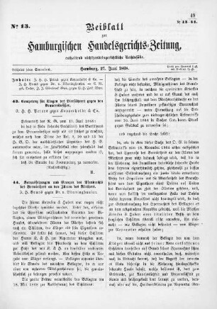 Beiblatt zur hamburgischen Handelsgerichts-Zeitung No. 13. Hamburg, 27. Juni 1868.