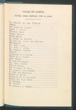 Índice de Cardos - Última obra editada por "La Casa"