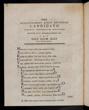 39a-39b, Viro Praenobilissimo Atqve Doctissimo Candidato Honorvm Doctoralivm Dignissimo Amico Svo Honoratissimo S. D. P. Marx Iacob Marx Med. Dessaviensis.