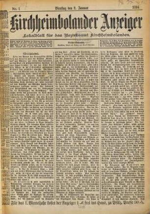 Kirchheimbolander Anzeiger : Göllheimer Anzeiger, Zellerthaler Zeitung, Eisenberger Anzeiger. 1894, 1/6