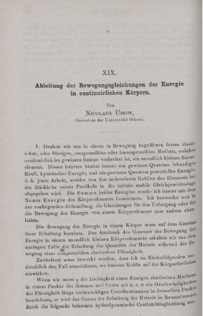 XIX. Ableitung der Bewegungsgleichungen der Energie in continuirlichen Körpern.