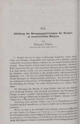 XIX. Ableitung der Bewegungsgleichungen der Energie in continuirlichen Körpern.
