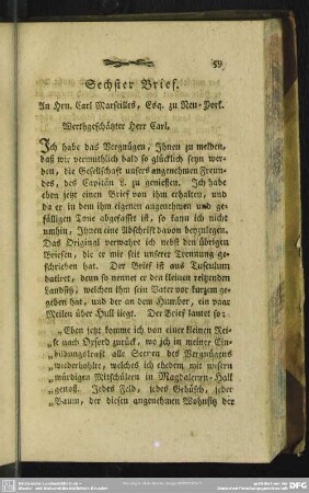 Sechster Brief. An Hrn. Carl Marseilles, Esq. zu Neu-York
