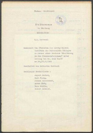 Fragebogen und Karte Deißlingen, OA Rottweil