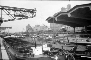 Basel: Überdachte Laderampe im Rheinhafen, vom Hafen aus