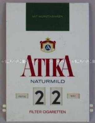 Immerwährender Kalender mit Werbeaufdruck für "Atika"-Zigaretten