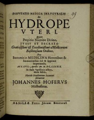 Disputatio Medica Inauguralis De Hydrope Uteri