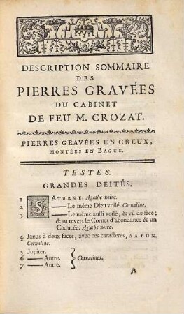 Description sommaire des pierres gravés du cabinet de feu M. Crozat