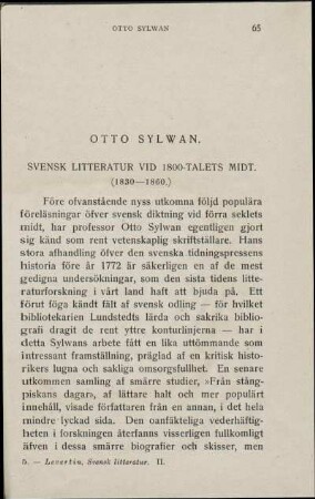 Otto Sylwan. Svensk Litteratur Vid 1800-Talets Midt. (1830-1860).