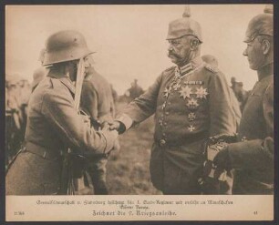 Generalfeldmarschall v. Hindenburg besichtigt sein 3. Garde-Regiment und verleiht an Mannschaften Eiserne Kreuze. Zeichnet die 9. Kriegsanleihe.