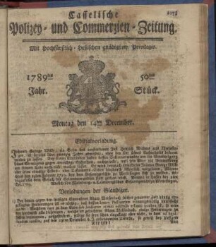 50tes Stueck, Montag den 14ten December. 1789
