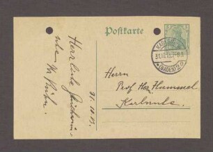 Glückwunschpostkarte von Herrn Rülen an Hermann Hummel, 1 Postkarte