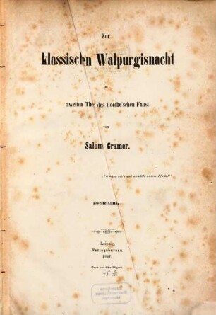 Zur klassischen Walpurgisnacht im zweiten Theile des Goethe'schen Faust
