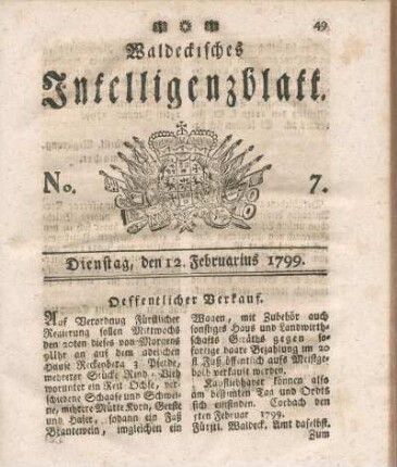 No. 7, Dienstag, den 12. Februarius 1799