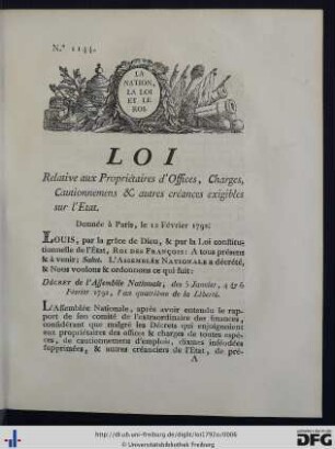 Loi Relative aux Propriétaires d'Offices, Charges, Cautionnemens & autres créances exigibles sur l'Etat.