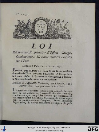 Loi Relative aux Propriétaires d'Offices, Charges, Cautionnemens & autres créances exigibles sur l'Etat.