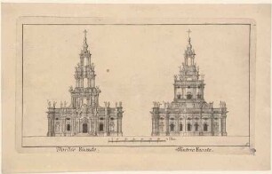 Die Katholische Hofkirche in Dresden, Aufrisse der nordöstlichen und der südwestlichen Fassaden mit einem Maßstab in Ellen, Teil einer Reihe Dresdner und sächsischer Ansichten von Schlitterlau um 1770