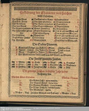 Erklärung der Character und Zeichen dieses Calenders