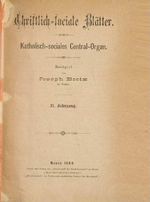 Christlich-sociale Blätter : katholisch-sociales Central-Organ. 17. 1884