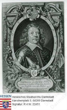 Geyso, Johann v. (1593-1661) / Porträt in Medaillon mit Wappen und lateinischer Sockelinschrift, Brustbild
