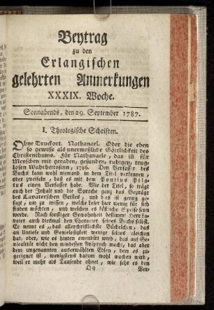 XXXIX. Woche. Sonnabends, den 29. September. 1787.