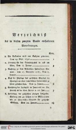 Verzeichniß der in diesem zweyten Bande enthaltenen Verordungen