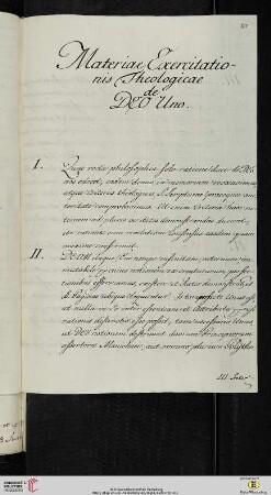Material- und Thesensammlung: Materiae Exercitationis Theologicae De Deo Uno