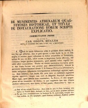 De munimentis Athenarum quaestiones historicae et tituli de instauratione eorum perscripti explicatio : Commentationes duae