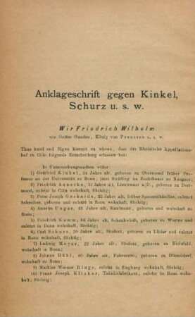 Anklageschrift gegen Kinkel, Schurz u. s. w.