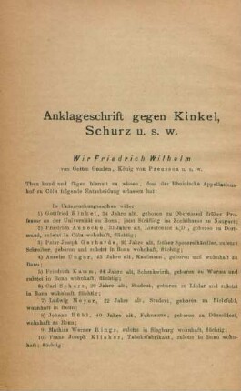 Anklageschrift gegen Kinkel, Schurz u. s. w.