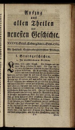 XXXVII. Stück. Coburg, den 11. Sept. 1762.