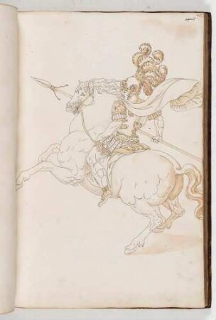 Krieger mit Lanze auf einem springenden Pferd, in: Equestrium statuarum [...] formae [...] artificiosissime pictis, Bl. 46
