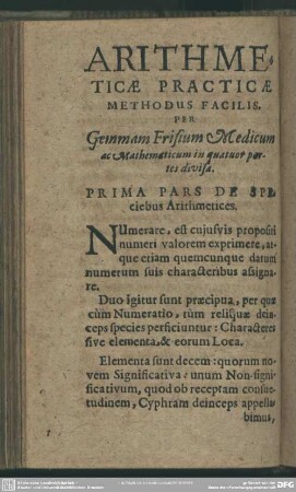 Prima Pars De Speciebus Arithmetices