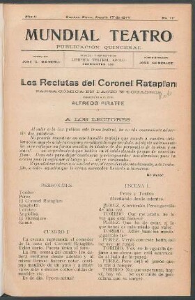 1914001100: Los reclutas del coronel Rataplán : farsa cómica en 1 acto y 4 cuadros