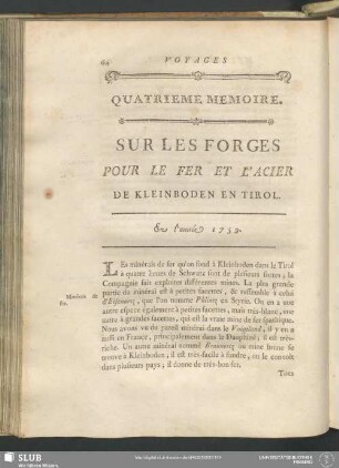 Quatrieme Memoire. Sur Les Forges Pour Le Fer Et L'Acier De Kleinboden En Tirol. En l'année 1759