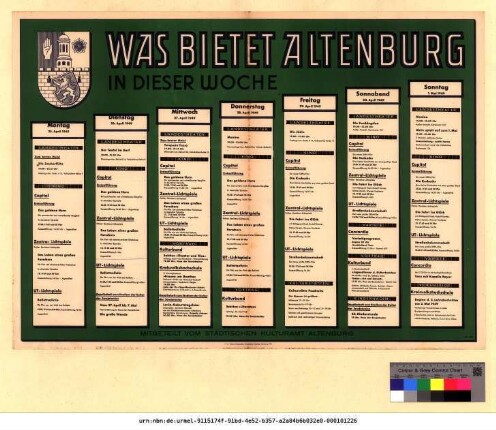 Originaltitel: Was bietet Altenburg in dieser Woche 25. April bis 1. Mai 1949 Mitgeteilt vom Städtischen Kulturamt Altenburg