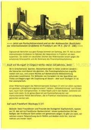 Flugblatt mit dem Aufruf zu einer Großdemonstration in Frankfurt (Main) gegen den Umbau des Stuttgarter Bahnhofs