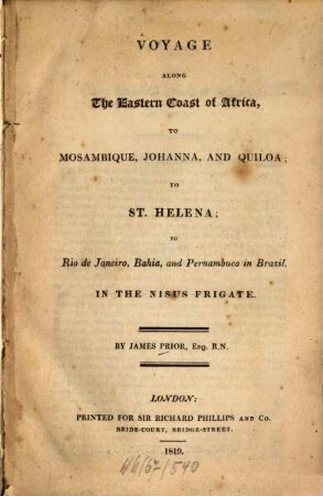 Voyage along the eastern coast of Africa, to Mosambique, Johanna, and Quiloa to St. Helena ... in the Nisus frigate