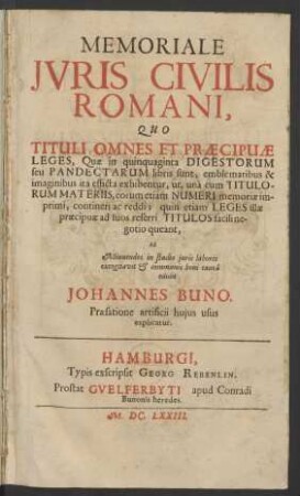 Memoriale Iuris Civilis Romani : Quo Tituli Omnes Et Praecipuae Leges, Quae in quinquaginta Digestorum seu Pandectarum libris sunt, emblematibus & imaginibus ita efficta exhibentur, ut, una cum Titulorum Materiis, eorum etiam Numeri memoriae imprimi, contineri ac reddi; quin etiam Leges illae praecipuae ad suos referri Titulos facili negotio queant