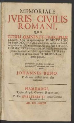 Memoriale Iuris Civilis Romani : Quo Tituli Omnes Et Praecipuae Leges, Quae in quinquaginta Digestorum seu Pandectarum libris sunt, emblematibus & imaginibus ita efficta exhibentur, ut, una cum Titulorum Materiis, eorum etiam Numeri memoriae imprimi, contineri ac reddi; quin etiam Leges illae praecipuae ad suos referri Titulos facili negotio queant