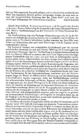 Meyer-Zollitsch, Almuth :: Nationalsozialismus und evangelische Kirche in Bremen, (Veröffentlichungen aus dem Staatsarchiv der Freien Hansestadt Bremen, 51) : Bremen, Selbstverl. des Staatsarchiv der Freien Hansestadt Bremen, 1985