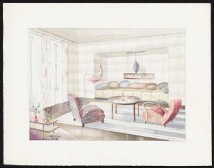 Wohnzimmer mit Polstermöbeln, Polsterliege in Nische mit losen Kissen, zwei Armlehnsessel mit sichtbarem Holzgestell, runder Couchtisch, Blumenbank, zweietagig, Deko